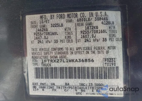 1998 Ford F-250 Lariat/Standard/Xl/Xlt z USA, uszkodzony, nr VIN 1FTRX27L1WKA36856